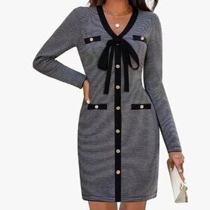HAEOF Women's Long Sleeve Mini Sweater Dress Black & White Strips w/ Bow Large